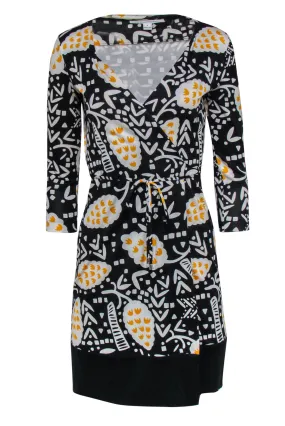 Diane von Furstenberg - Black, Yellow, & White Printed Wrap Mini Dress Sz 2