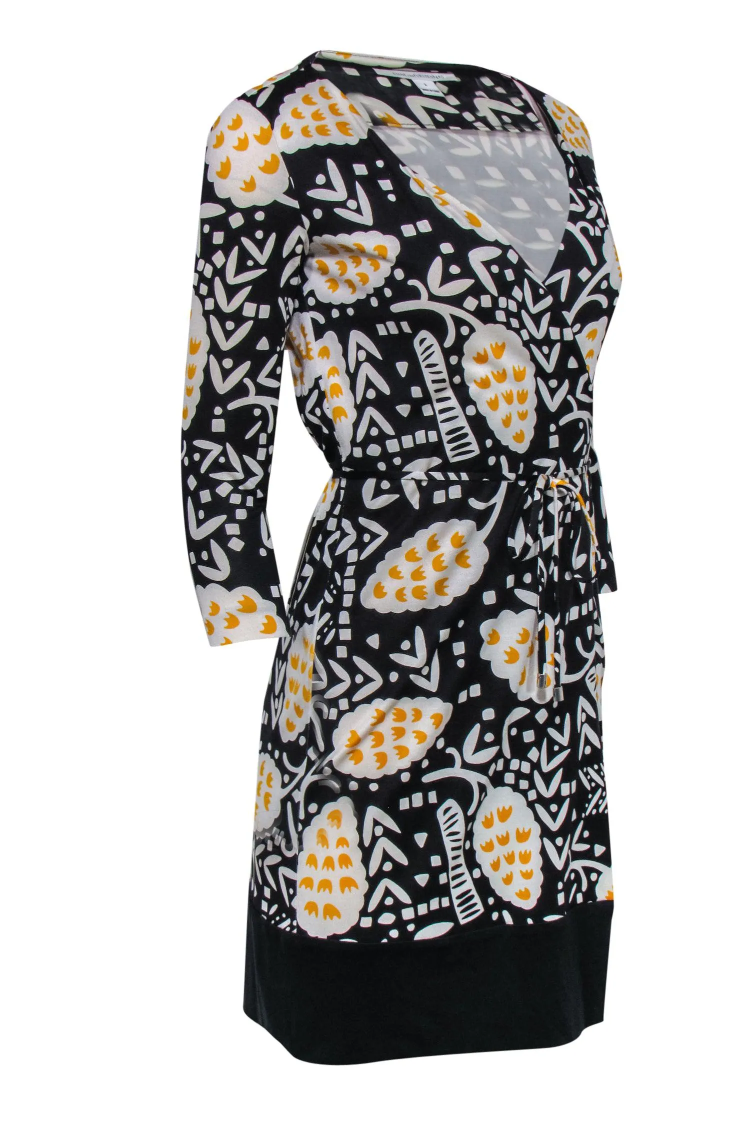 Diane von Furstenberg - Black, Yellow, & White Printed Wrap Mini Dress Sz 2