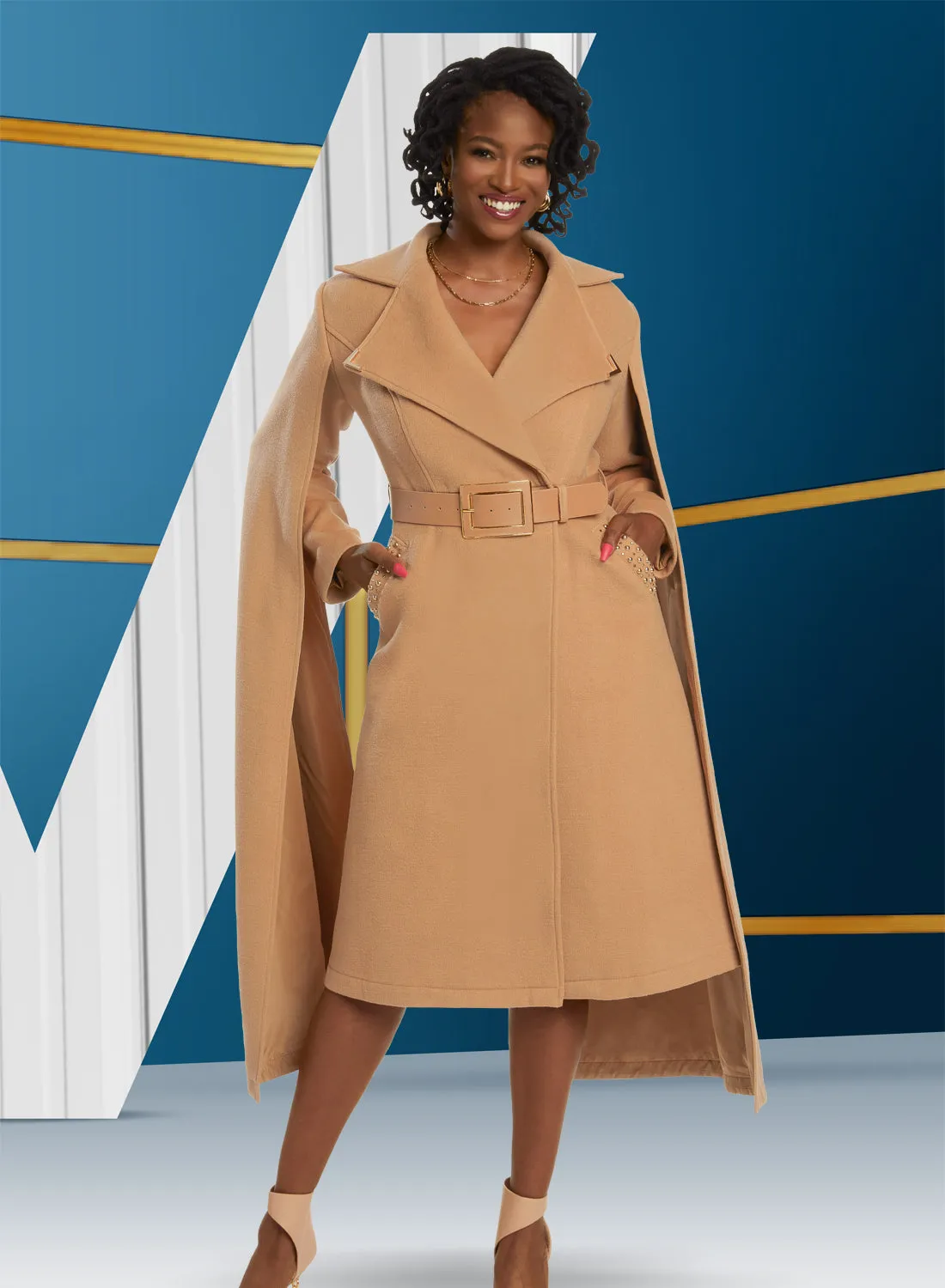 Donna Vinci - 12039 - Camel - Wool Blend Cape Sleeve Coat Dress