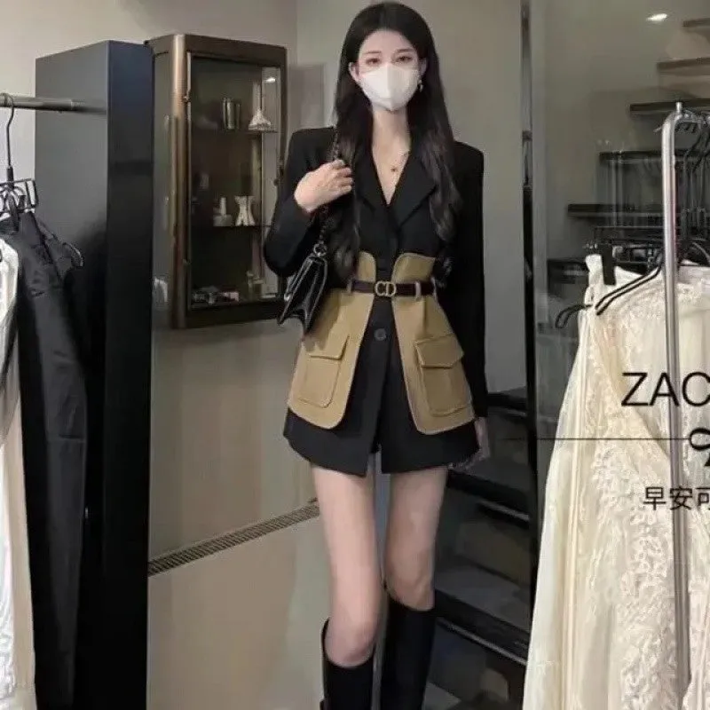 Fashionkova 2000s fashion High-End Contrast Color Stitching Suit Jacket for Women Spring and Autumn New Elegant British Style Waist Slimming Fashionable Suit Fashion