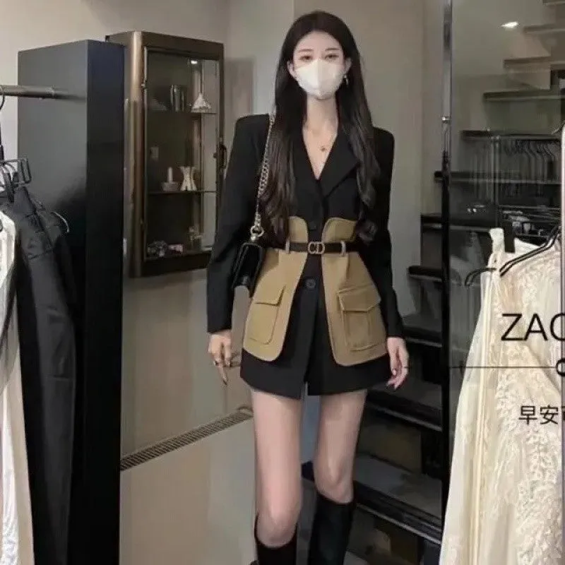 Fashionkova 2000s fashion High-End Contrast Color Stitching Suit Jacket for Women Spring and Autumn New Elegant British Style Waist Slimming Fashionable Suit Fashion