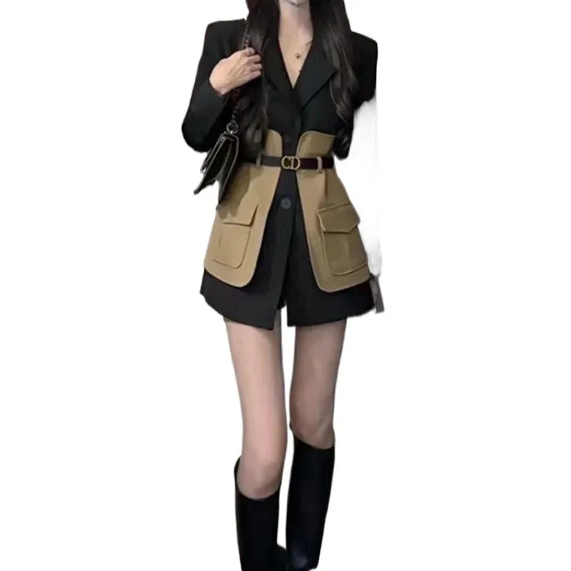 Fashionkova 2000s fashion High-End Contrast Color Stitching Suit Jacket for Women Spring and Autumn New Elegant British Style Waist Slimming Fashionable Suit Fashion