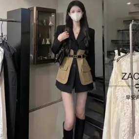 Fashionkova 2000s fashion High-End Contrast Color Stitching Suit Jacket for Women Spring and Autumn New Elegant British Style Waist Slimming Fashionable Suit Fashion
