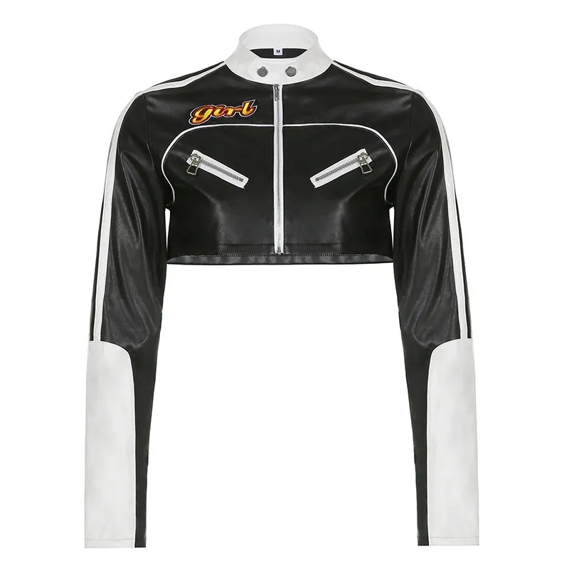 Fashionkova Autumn tomboy outfit PU Leather Contrast Color Stitching Printing Zhang Zai Stand Collar Zipper Long Sleeve Slim Short Fashion Motorcycle Jacket for Women