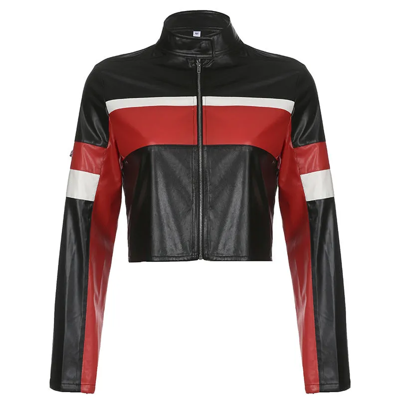 Fashionkova Autumn tomboy outfit PU Leather Contrast Color Stitching Printing Zhang Zai Stand Collar Zipper Long Sleeve Slim Short Fashion Motorcycle Jacket for Women