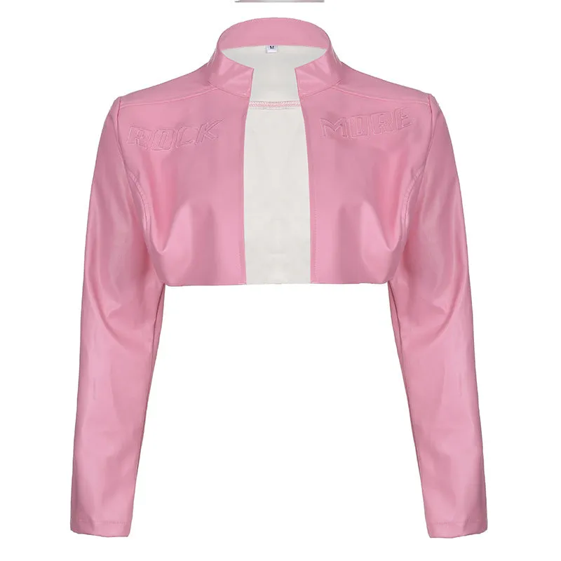 Fashionkova Autumn tomboy outfit PU Leather Contrast Color Stitching Printing Zhang Zai Stand Collar Zipper Long Sleeve Slim Short Fashion Motorcycle Jacket for Women