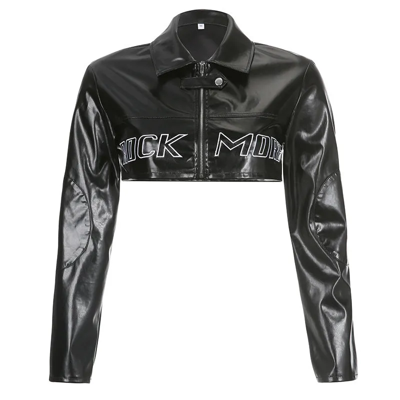 Fashionkova Autumn tomboy outfit PU Leather Contrast Color Stitching Printing Zhang Zai Stand Collar Zipper Long Sleeve Slim Short Fashion Motorcycle Jacket for Women