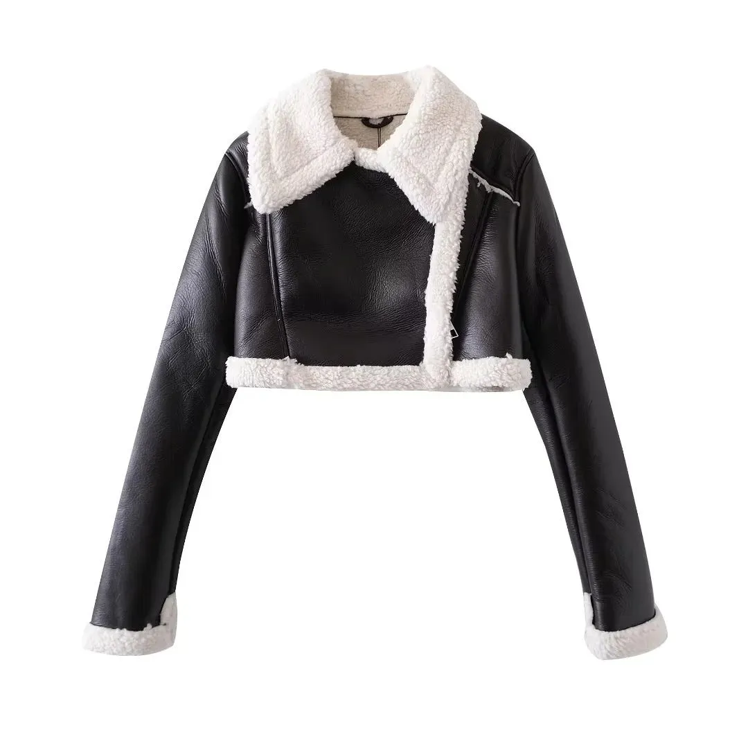 Fashionkova shoes 2024 Spring Fur Integrated Short Street Hot Girl Motorcycle Jacket