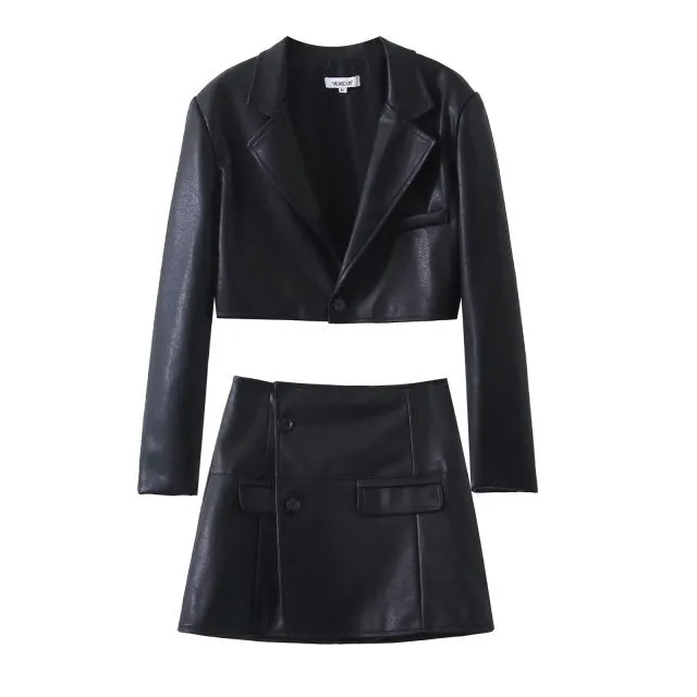 Fashionkova suede jacket INS Blogger Style Hot Girl Personalized Suit Leather Skirt Suit Women's Autumn New Short Suit Jacket  Skirt