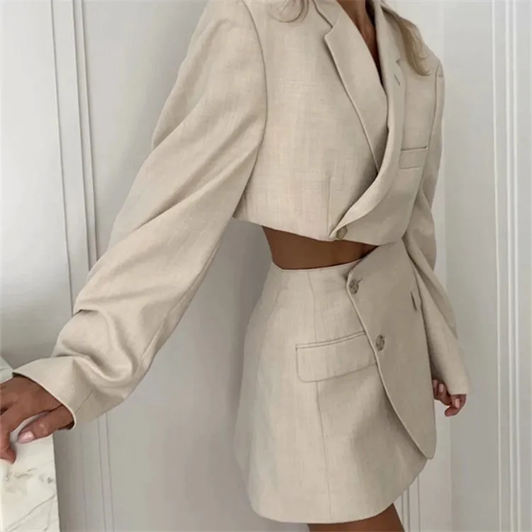 Fashionkova work outfits women Large Lapel One Button Short Suit Jacket Wrap A- line Skirt Fashion Two-Piece Suit