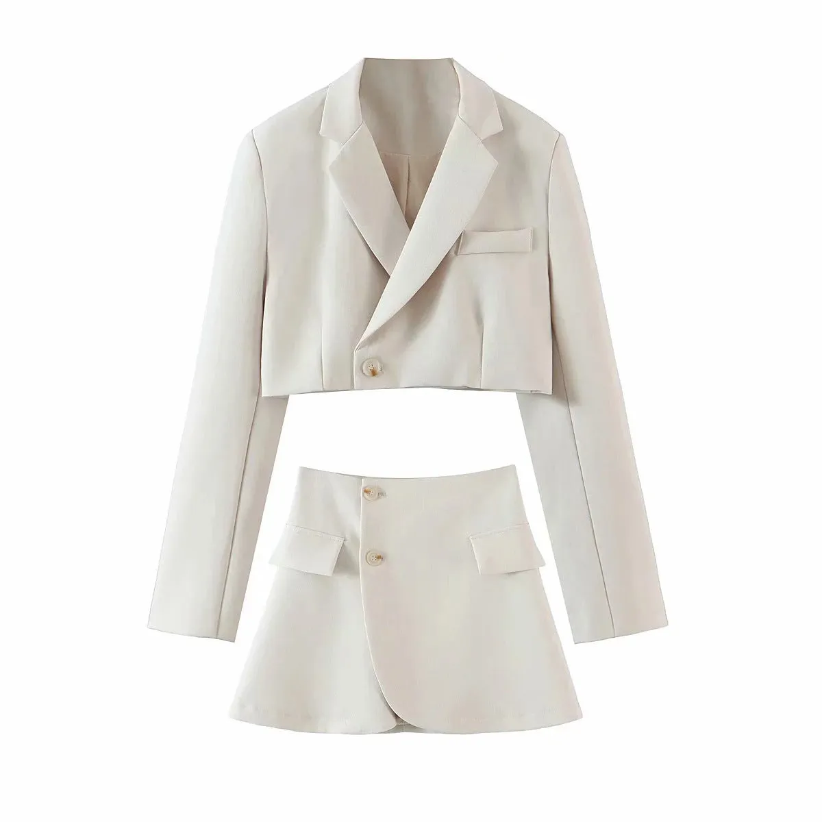 Fashionkova work outfits women Large Lapel One Button Short Suit Jacket Wrap A- line Skirt Fashion Two-Piece Suit