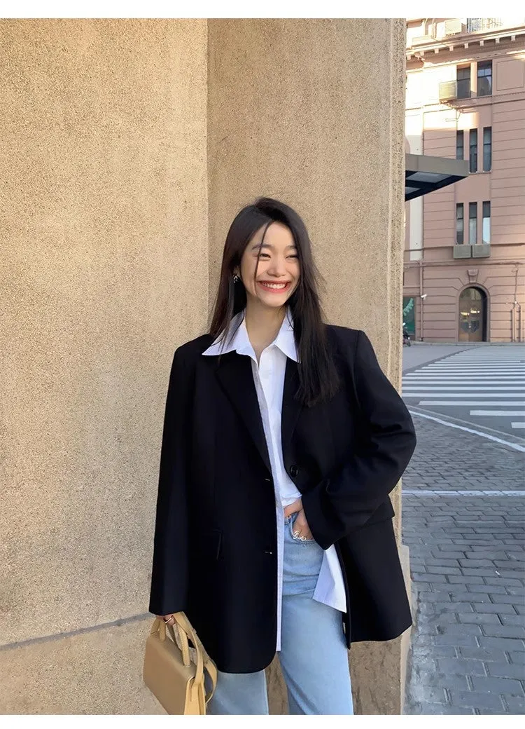 Flytonn-Fall Outfits Women Outwear Streetwear  fall outfits women Black Casual Suit Jacket Women's Korean-Style Loose Back Slit Niche Temperament Small Suit