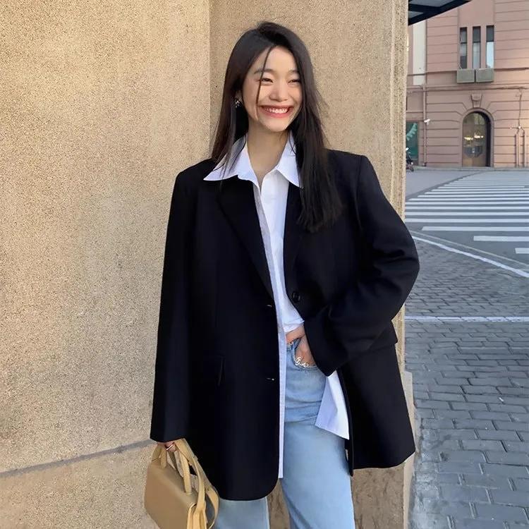 Flytonn-Fall Outfits Women Outwear Streetwear  fall outfits women Black Casual Suit Jacket Women's Korean-Style Loose Back Slit Niche Temperament Small Suit