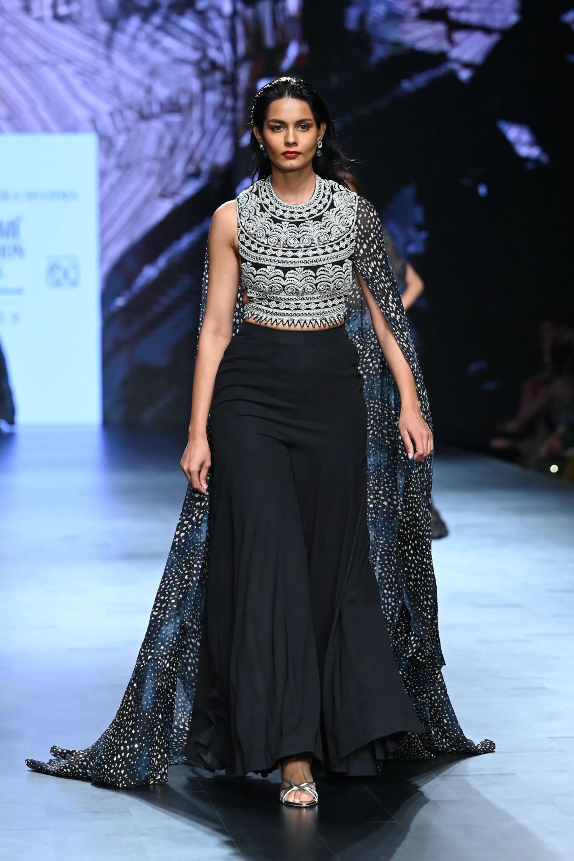 Geometric Blouse with Flared Pant & Rosette Drape