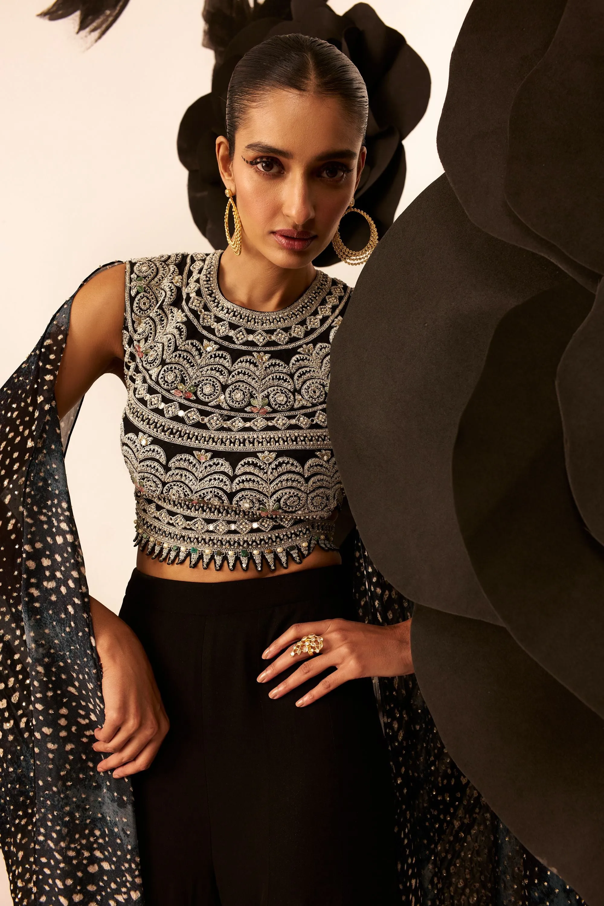 Geometric Blouse with Flared Pant & Rosette Drape