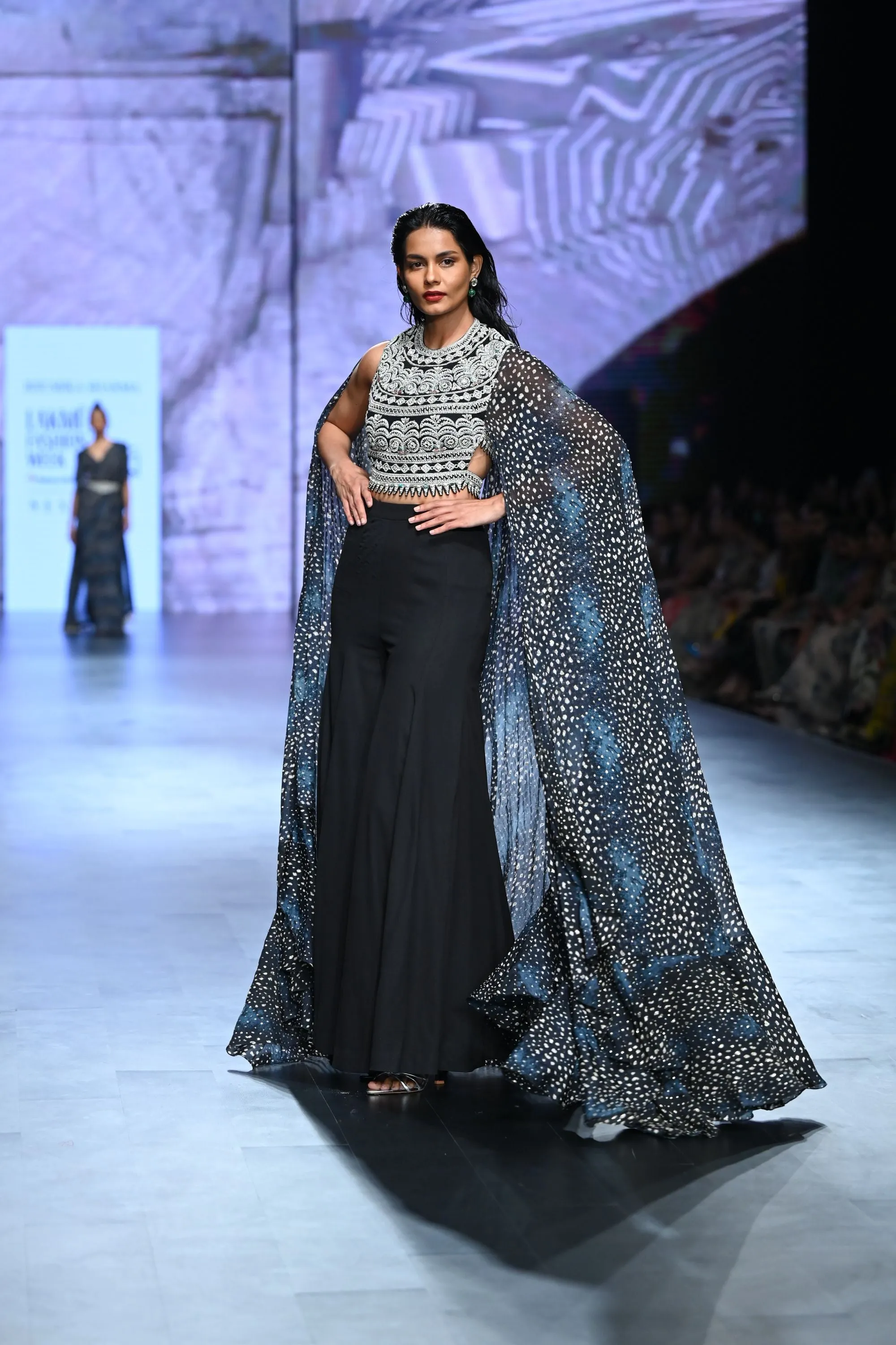 Geometric Blouse with Flared Pant & Rosette Drape