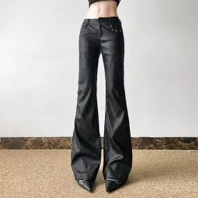 Girlary-shop barn jacket outfits Dark Sweet and Spicy Rivet Decorative Leather Casual Pants Sexy Low Waist Flared Pants 2024 American Street Shooting New Leather Pants