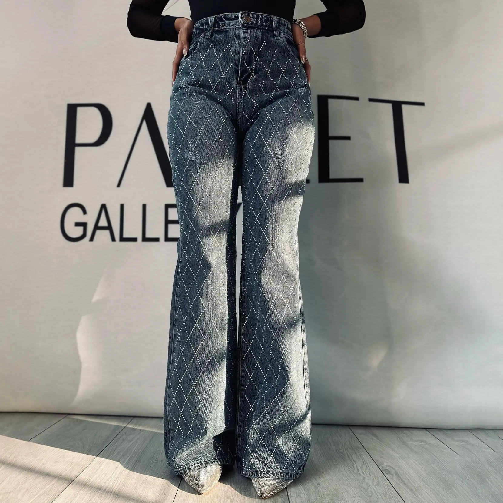 Girlary-shop barn jacket outfits Hot Girl Low Waist Mesh Diamond-Embedded Micro-Pull Denim Trousers Street Style Trendy Slimming All-Match Jeans for Women
