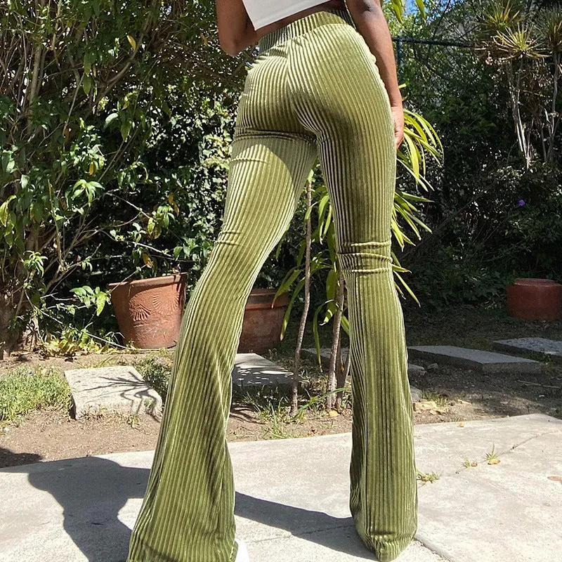 Girlary-shop barn jacket outfits Women's Casual Pants Velvet Striped Flared Pants Sexy Pit Elastic Trousers New Su2498
