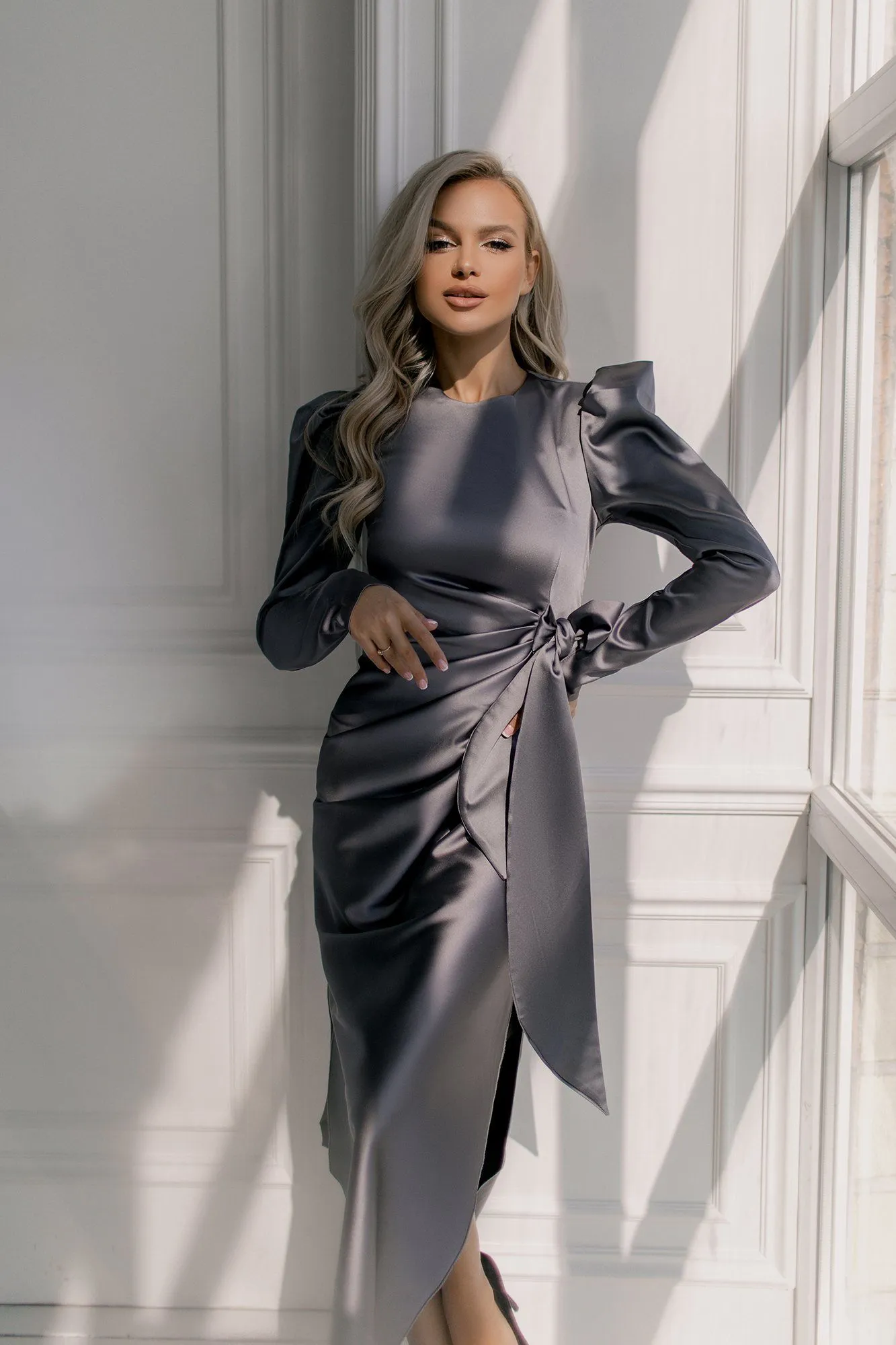 Graphite Puff Sleeve Wrap Dress
