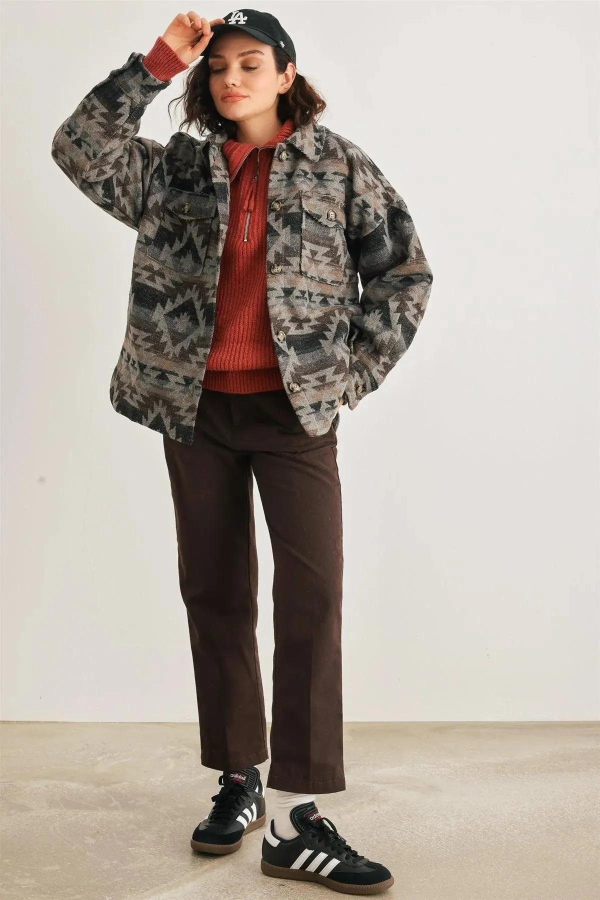 Heather Charcoal Tribal Print Button-Up Collared Neck Four Pocket Long Sleeve Jacket /2-2-2