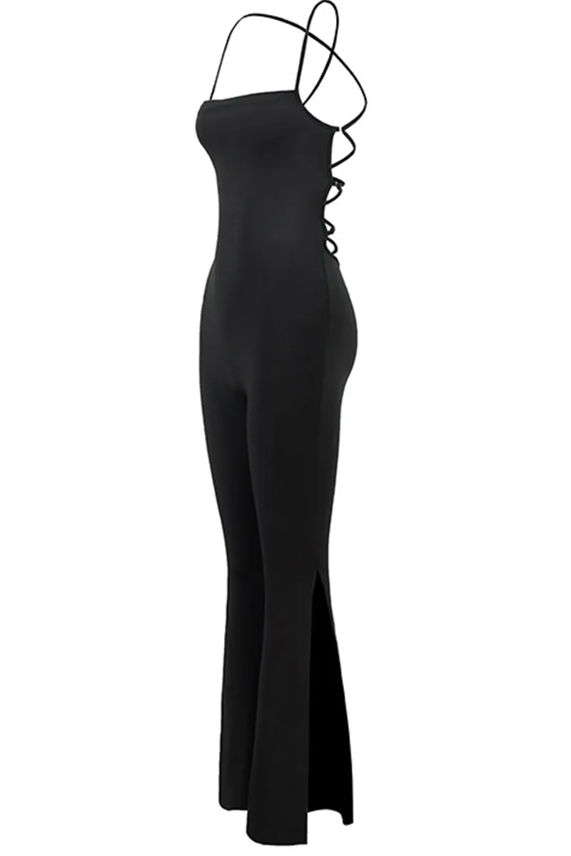 HJO3069 Solid Slit Pants Jumpsuit