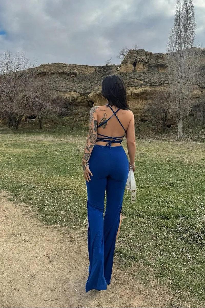HJO3069 Solid Slit Pants Jumpsuit