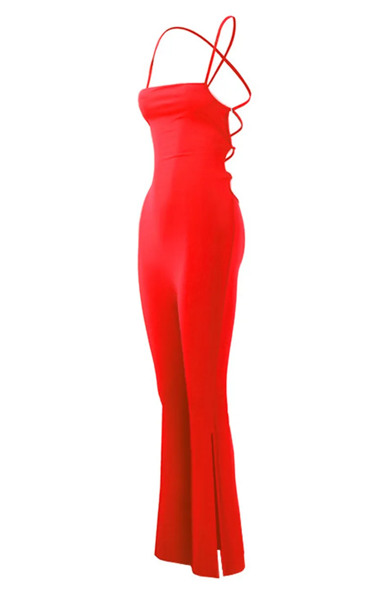 HJO3069 Solid Slit Pants Jumpsuit