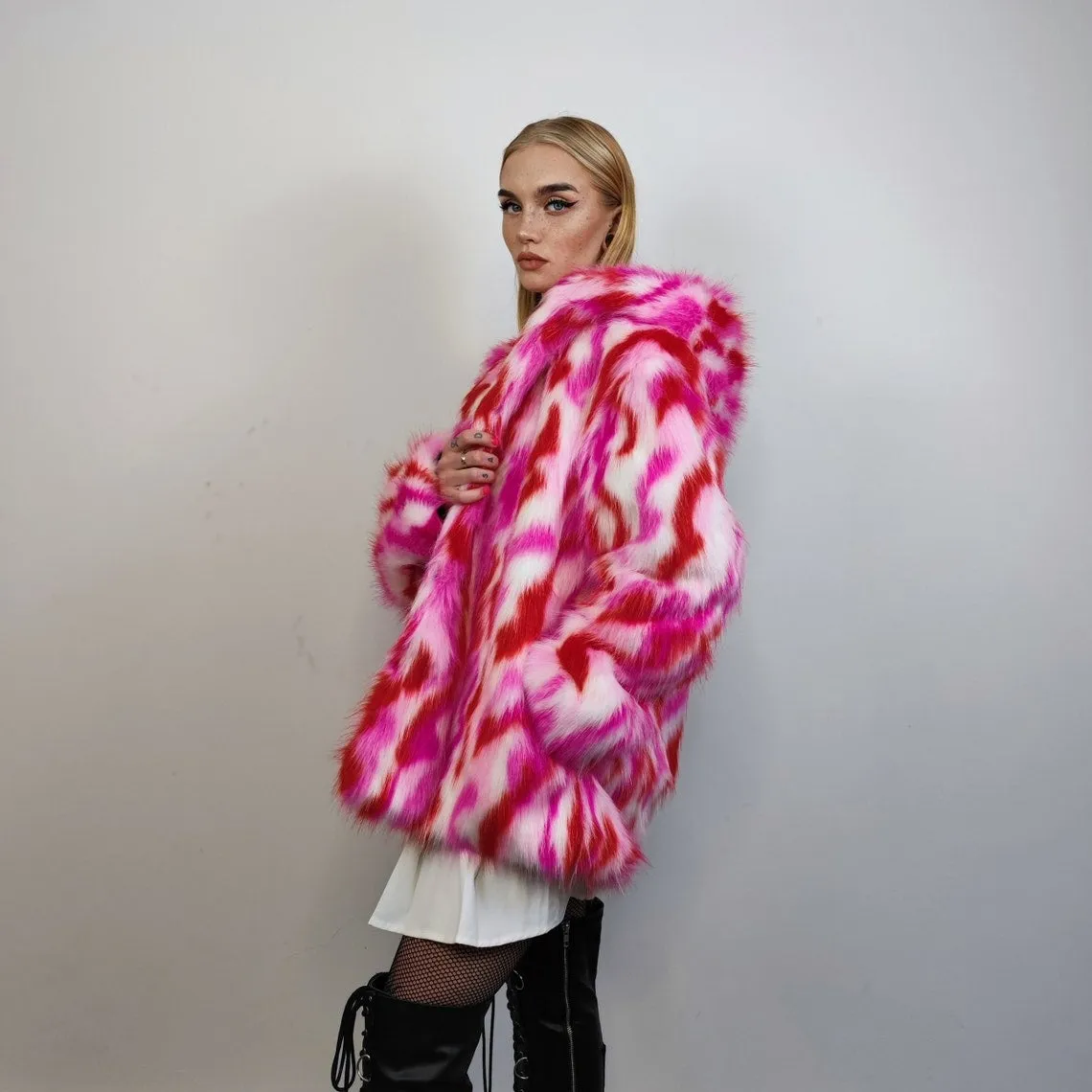 Hooded faux fur striped jacket zebra bomber neon raver coat fluffy tie-dye fleece festival puffer burning man going out overcoat red pink
