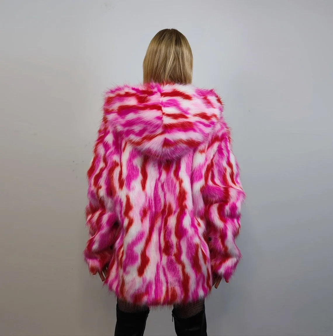 Hooded faux fur striped jacket zebra bomber neon raver coat fluffy tie-dye fleece festival puffer burning man going out overcoat red pink