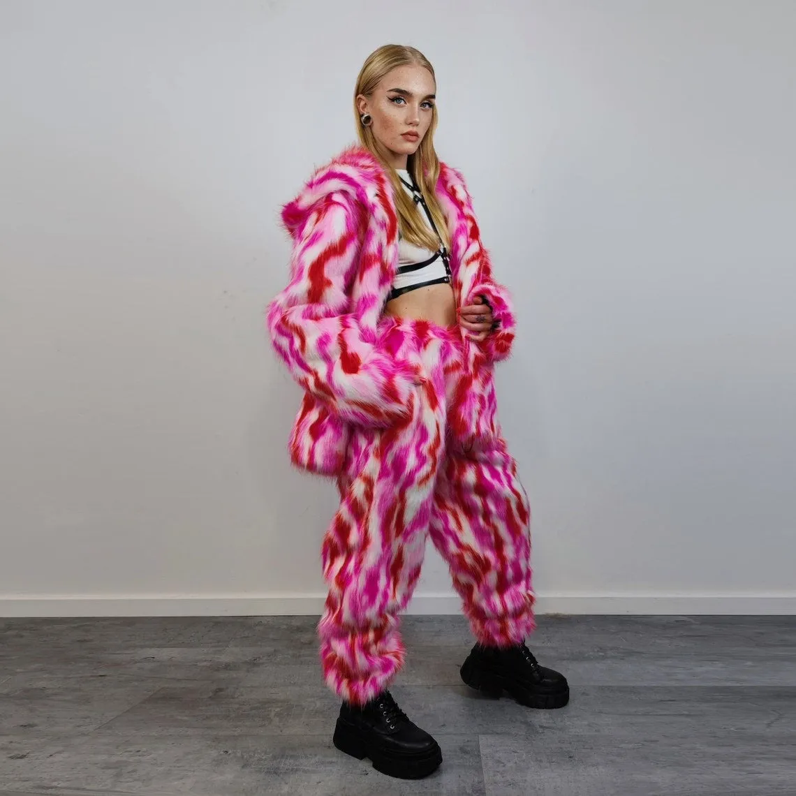 Hooded faux fur striped jacket zebra bomber neon raver coat fluffy tie-dye fleece festival puffer burning man going out overcoat red pink
