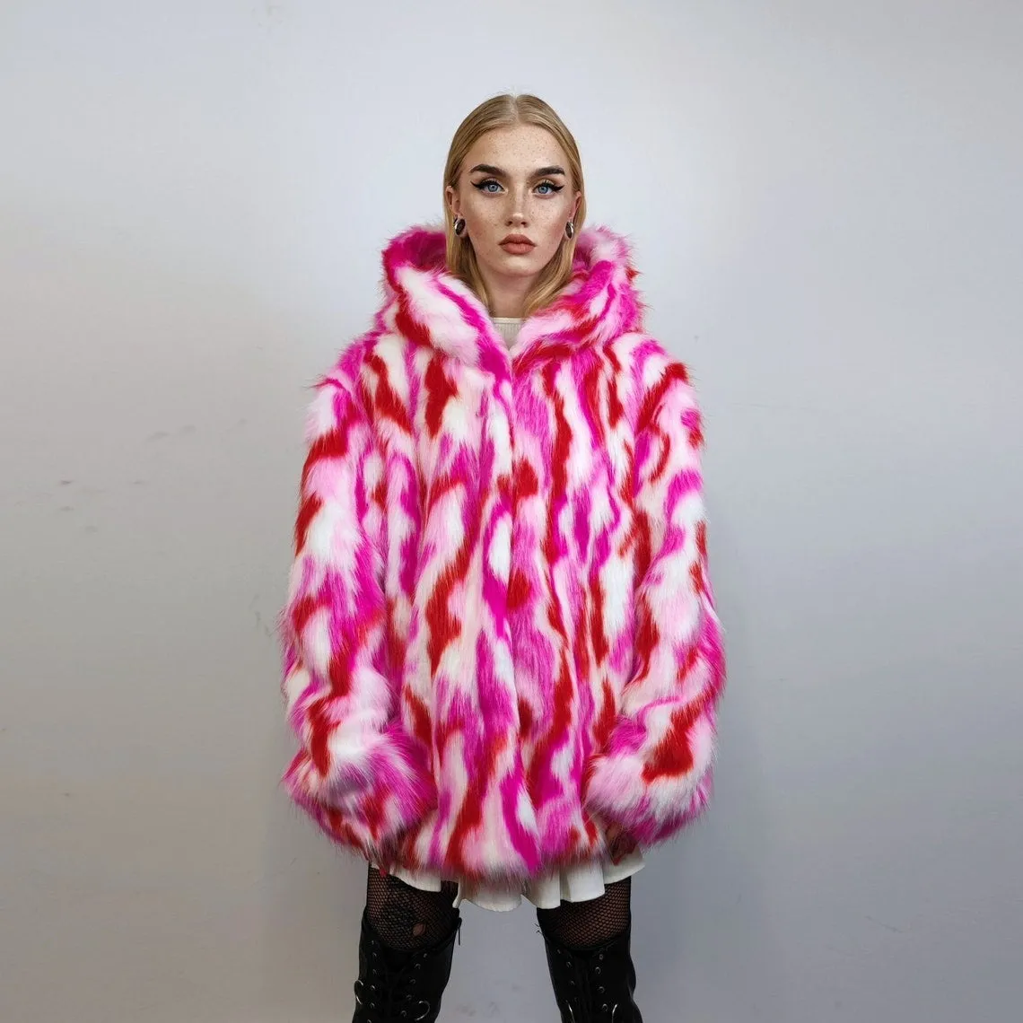 Hooded faux fur striped jacket zebra bomber neon raver coat fluffy tie-dye fleece festival puffer burning man going out overcoat red pink