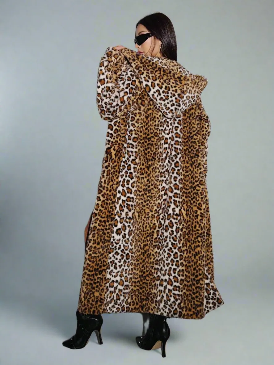 Hooded Leopard Print Faux Fur Long Coat