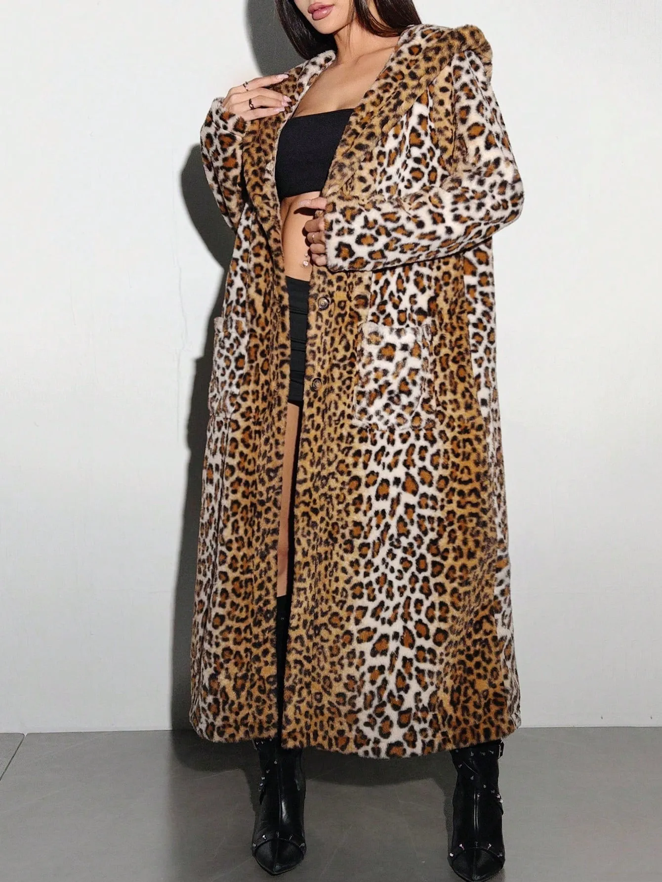 Hooded Leopard Print Faux Fur Long Coat