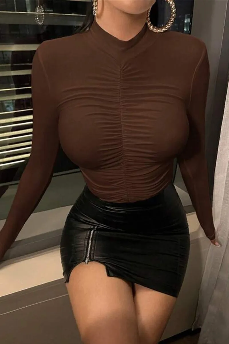 HTR1189 Ruched Mock Neck Bodysuit