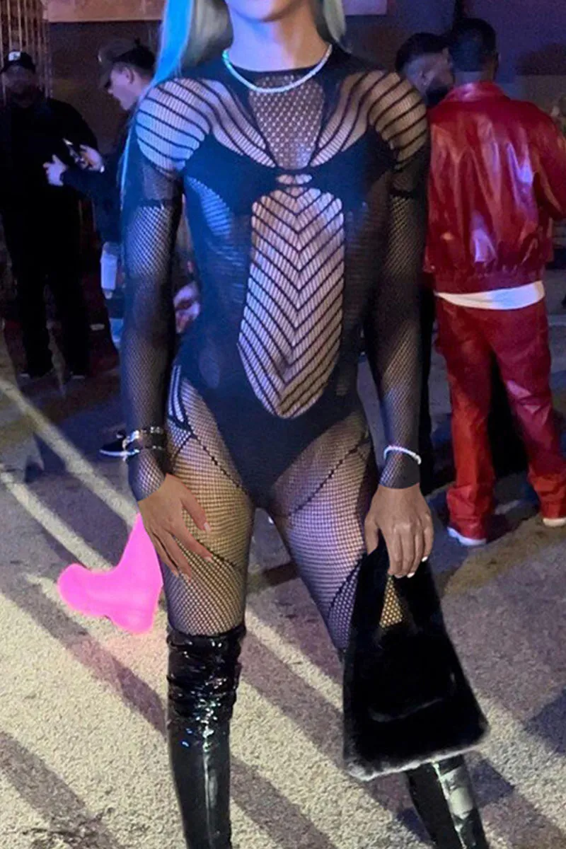 JD696 Sexy Round Neck Long Sleeve Cutout Sheer Mesh Jumpsuit