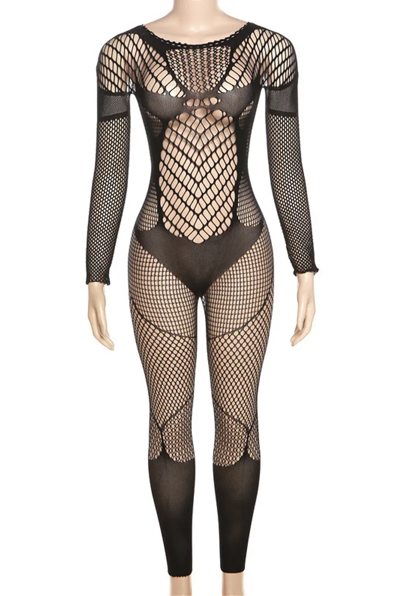 JD696 Sexy Round Neck Long Sleeve Cutout Sheer Mesh Jumpsuit