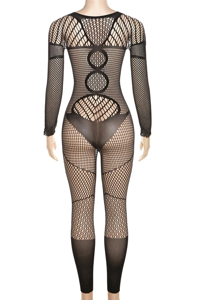 JD696 Sexy Round Neck Long Sleeve Cutout Sheer Mesh Jumpsuit