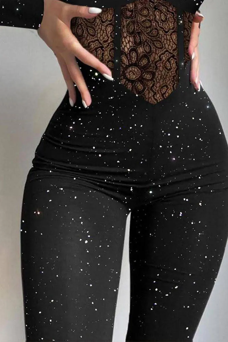 JH753 Cami Sweatheart Neckleck Lace Sheer Shimmer Bodycon Jumpsuit