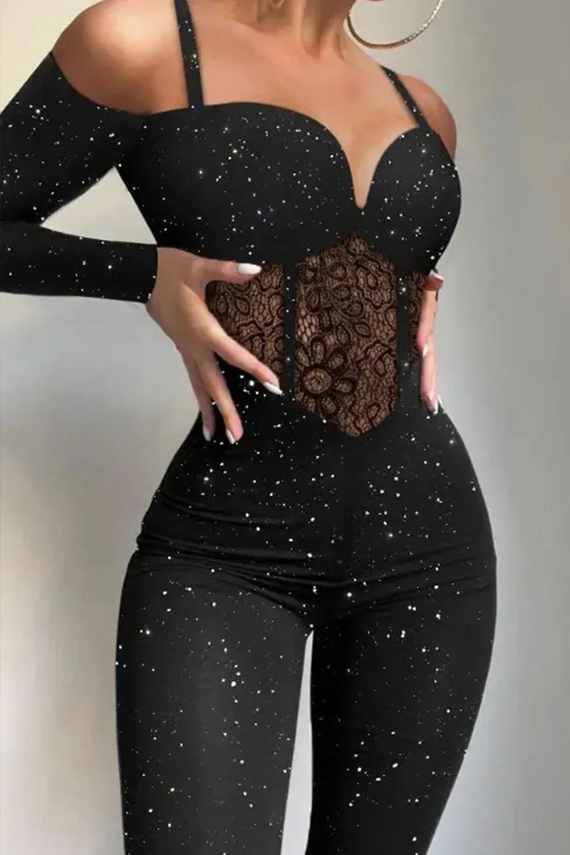 JH753 Cami Sweatheart Neckleck Lace Sheer Shimmer Bodycon Jumpsuit