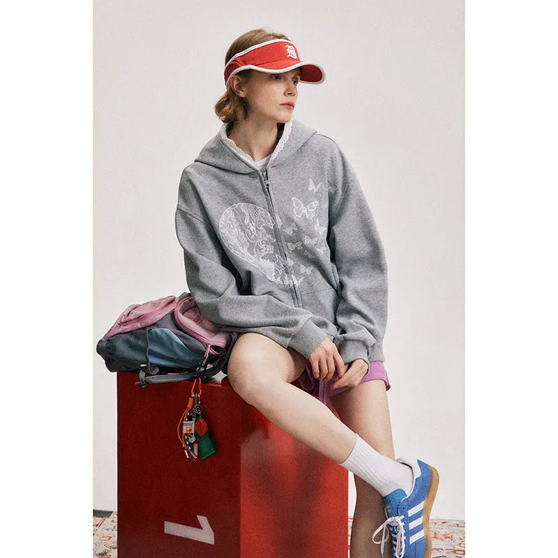Jinquedai grunge dti American Retro Bow Lace Stitching Gray Casual Hooded Sweater Men's and Women's Loose Zipper Cardigan Jacket