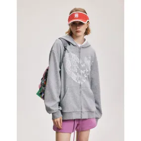 Jinquedai grunge dti American Retro Bow Lace Stitching Gray Casual Hooded Sweater Men's and Women's Loose Zipper Cardigan Jacket