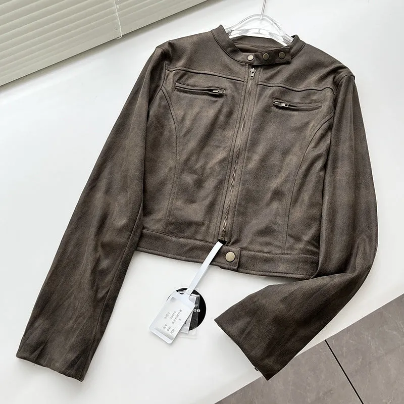 Joskaa 24 New Retro Distressed Brown Suede Slim Stand Collar Leather Jacket Ins Blogger Short Jacket for Women 3301