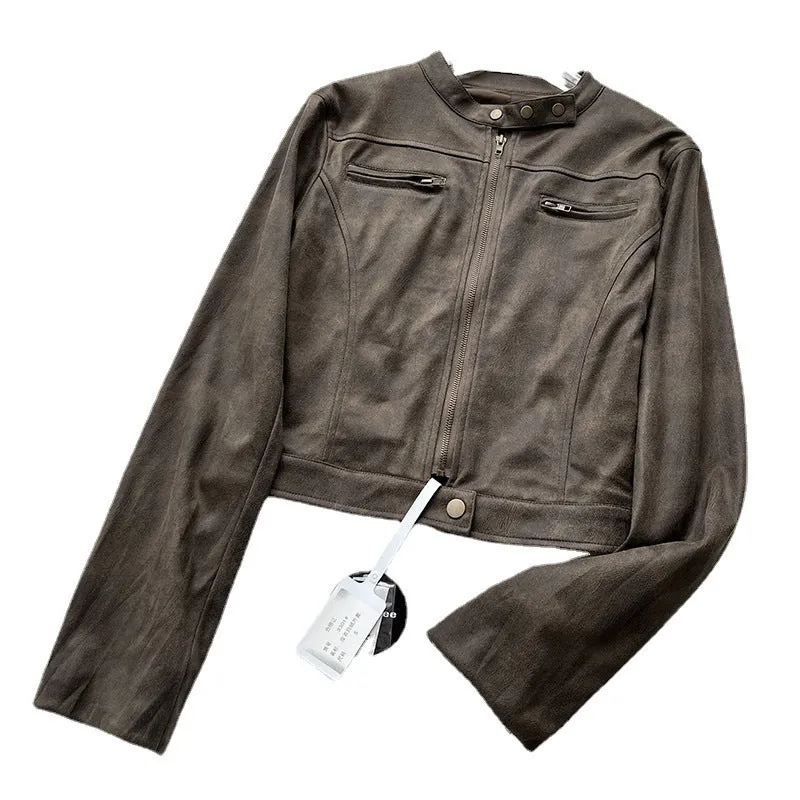 Joskaa 24 New Retro Distressed Brown Suede Slim Stand Collar Leather Jacket Ins Blogger Short Jacket for Women 3301