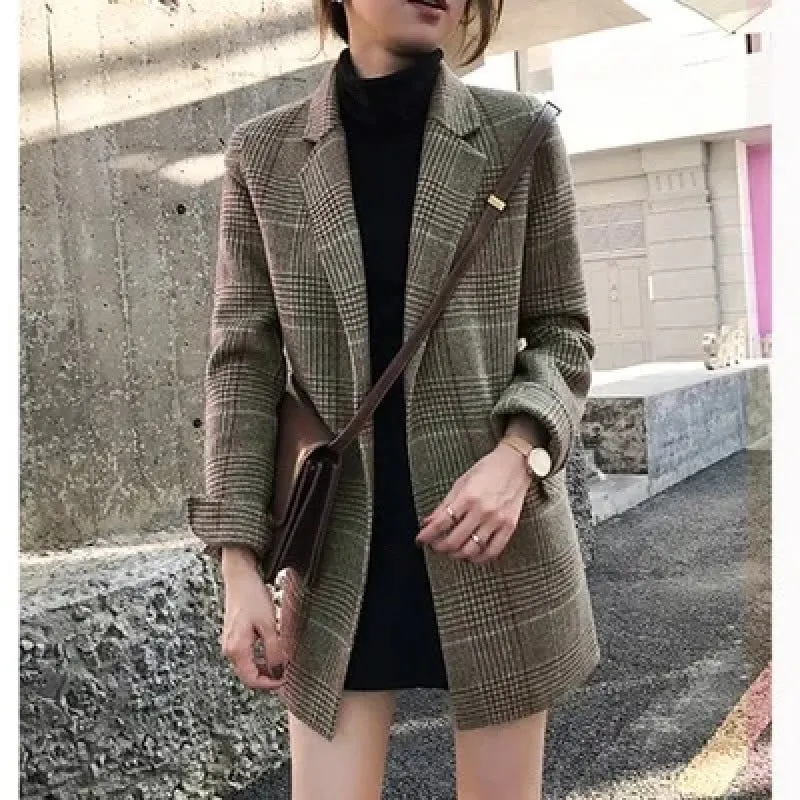 Joskaa business casual outfits for women Plaid Suit Jacket for Women 2024 Autumn and Winter New Slim-Fit Mid-Length Retro Plaid Woolen Small Suit