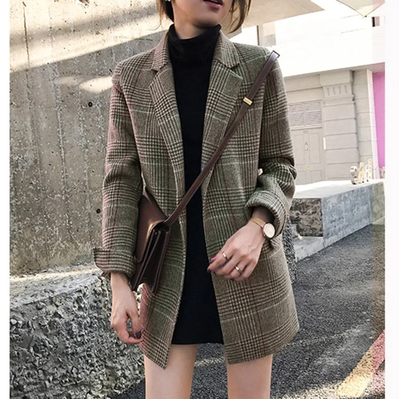 Joskaa business casual outfits for women Plaid Suit Jacket for Women 2024 Autumn and Winter New Slim-Fit Mid-Length Retro Plaid Woolen Small Suit
