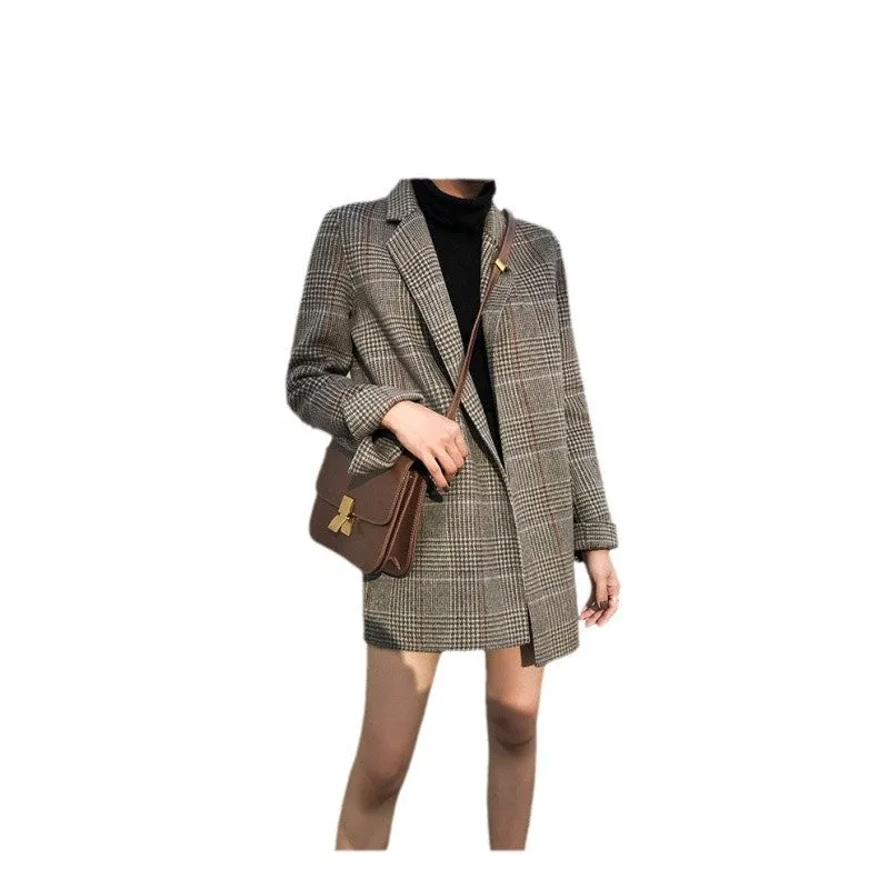 Joskaa business casual outfits for women Plaid Suit Jacket for Women 2024 Autumn and Winter New Slim-Fit Mid-Length Retro Plaid Woolen Small Suit