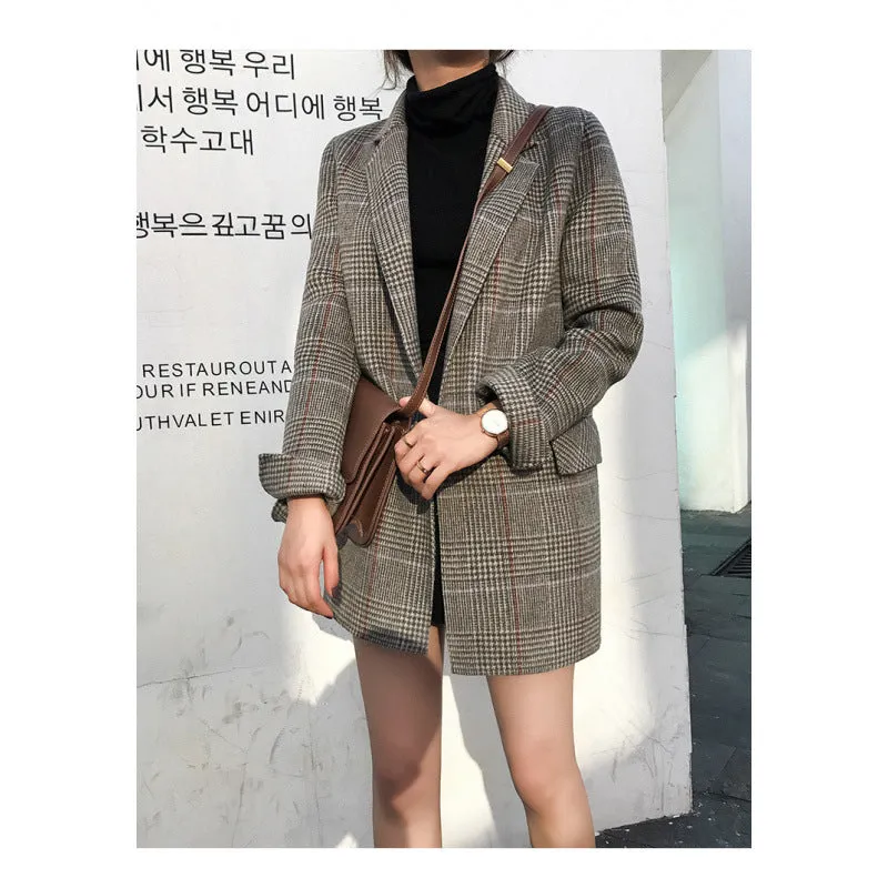 Joskaa business casual outfits for women Plaid Suit Jacket for Women 2024 Autumn and Winter New Slim-Fit Mid-Length Retro Plaid Woolen Small Suit