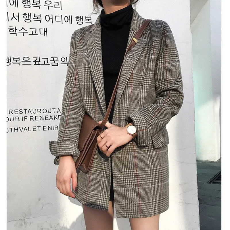 Joskaa business casual outfits for women Plaid Suit Jacket for Women 2024 Autumn and Winter New Slim-Fit Mid-Length Retro Plaid Woolen Small Suit