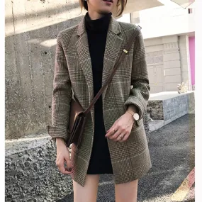 Joskaa business casual outfits for women Plaid Suit Jacket for Women 2024 Autumn and Winter New Slim-Fit Mid-Length Retro Plaid Woolen Small Suit